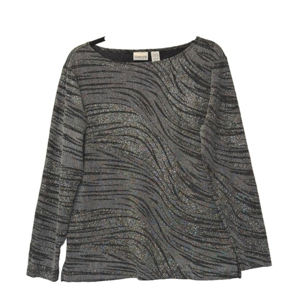 Chicos Metallic Silver Black Wave Shimmer Boat Neck Top Size 2 Large Long Sleeve